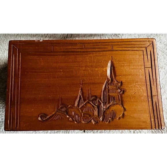 Unbranded Other - Vintage Hand Carved Wooden Hinged Jewelry Box